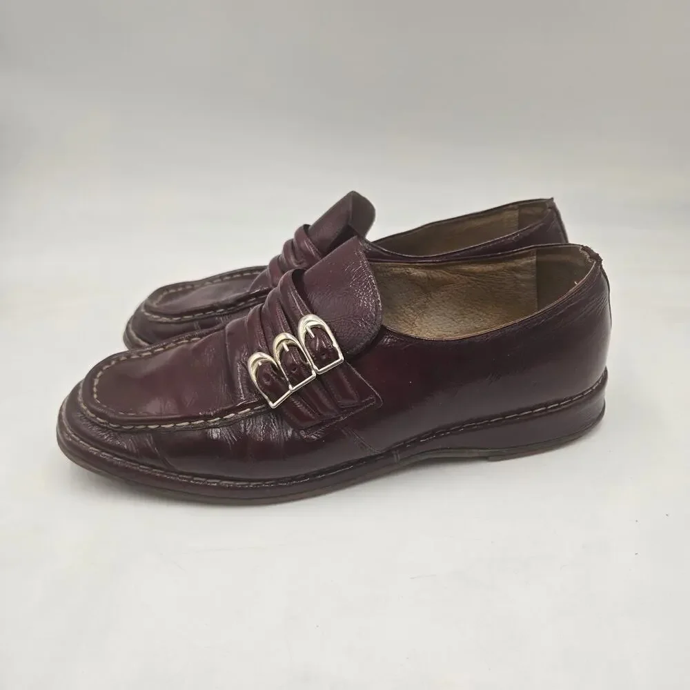 Men's Vintage Rare 1980's German Loafers Burgundy Leather Triple Monk Strap Shoe